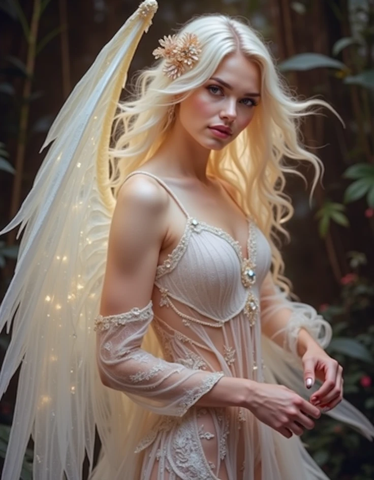 A beautiful woman, dressed as a fairy, with big wings in the forest