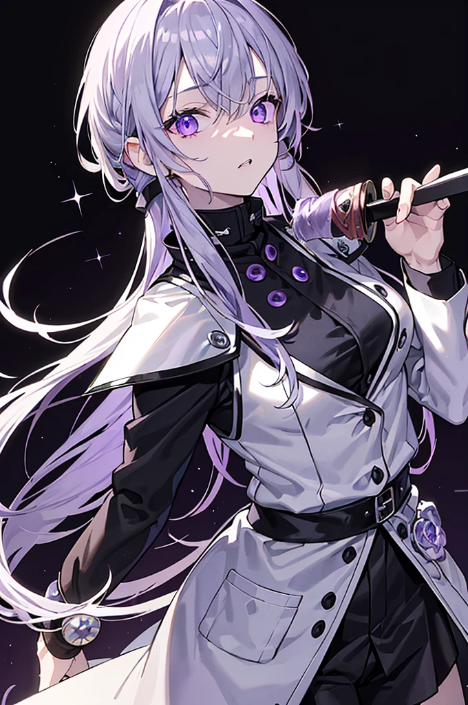 1girl, white hair, multicolored hair, purple eyes, mask on head, sidelighting, light particles, wallpaper,