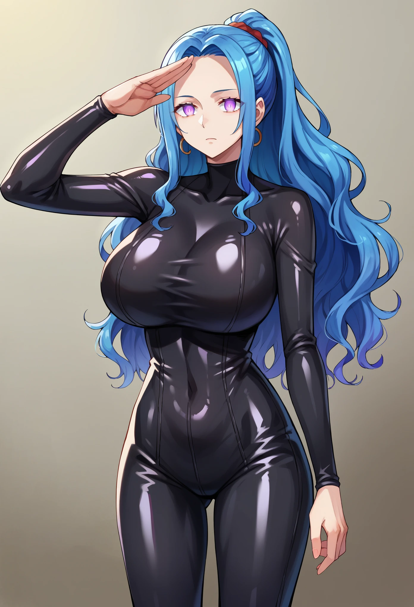 score_9, score_8_up, score_7_up, score_6_up, score_5_up, score_4_up, BREAK source_anime,standing, salute, you live, blue hair, long hair, side locks, ponytail, wavy hair, forehead, Purple Eyes,(glowing eyes), Huge breasts, empty eyes,Expressionless, Black latex rubber suit