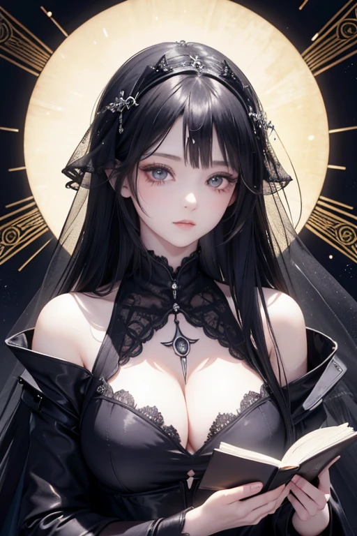 (Hyper-realistic) , (illustratio), (Increase the resolution), (8K), (extremely detaile), (Most Best Illustration), (美丽细致的眼睛), (best qualtiy), (ultra - detailed), (tmasterpiece), ( wallpaper), (详细的脸), 独奏,1个Giant Breast Girl, looking at viewert, exquisite detailing, 详细的脸, in the darkness nigth, deep shading, low tune,pureerosfaceace_v1, ssmile,long whitr hair,Black shawl straight hair,46 points oblique bangs ,big breasts exposed cleavage