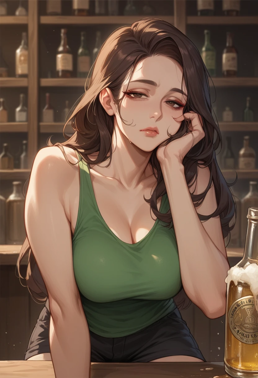 Mature Female, solo, dark brown long hair, half-closed eyes, sleepy eyes, beautiful face, milf, skinny body, arrogant gaze, Bottle of beer, red eyeliner, green tank top, black shorts, brown eyes, forehead, dark