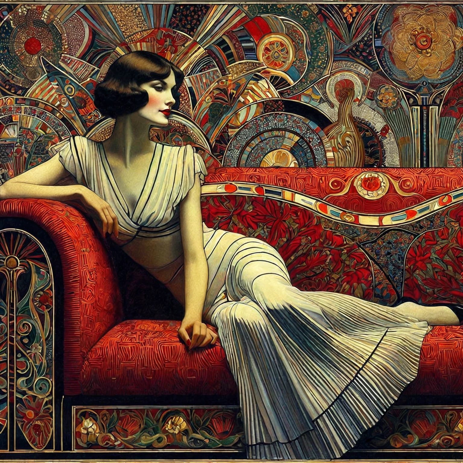 painting of a woman sitting on a red couch with a fan, art deco painting, art deco era), art deco portrait, georgy kurasov, cinematic. art deco, beautiful retro art, intricate art deco patterns, realistic art deco, hyperrealistic art nouveau, art nuveau, modern art noveau, art noveau painting, art deco illustration