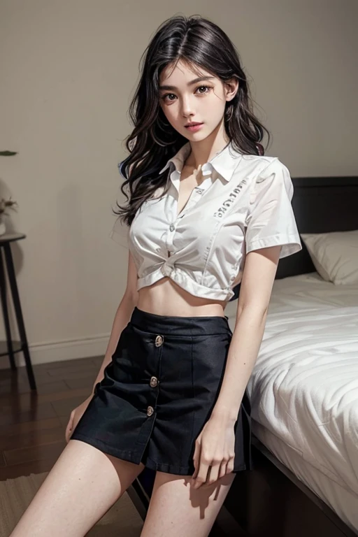 Top quality, RAW Photo, Highest Quality Image, 16K, Full body, Age 22, Realistic, Photorealistic,  Beautiful Asian woman, Sexy, body, White pale skin, ((( Multicolor Hair ))), ((( Short and wavy hairstyle ))), Modern hairstyles, Detailed face, Detailed body, Detailed skin, Double eyelids, Very Big eyes, long eyelashes, bright eyes, green eyes, natural lips, detailed lips, ((( Very Small breasts, Flat Breasts ))), posing in bedroom studio, sunny day light,  ((( wearing White Short sleeves Shirt, black short skirt ))),  ((( All Buttons are Unbuttoned ))), no bra, ((( piercings ))), ((( piercing bellybutton with jewelry )))