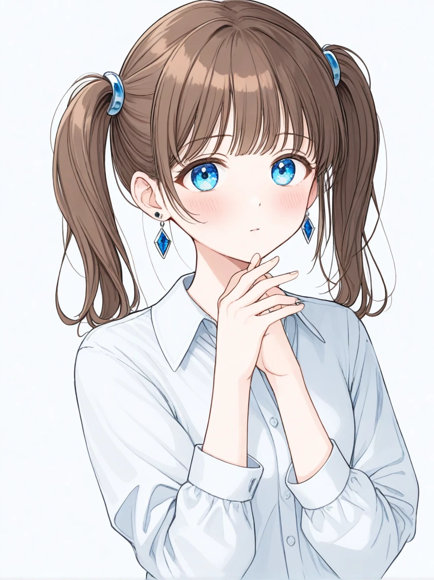 1girl, brown hair, jewelry, solo, blue eyes, blush, earrings, twintails, white background, simple background, ring, shirt, looking at viewer, sleeves past wrists, bangs, upper body, long sleeves, collared shirt, gift, white shirt, long hair, hand on own face