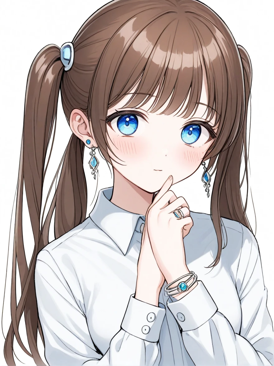 1girl, brown hair, jewelry, solo, blue eyes, blush, earrings, twintails, white background, simple background, ring, shirt, looking at viewer, sleeves past wrists, bangs, upper body, long sleeves, collared shirt, gift, white shirt, long hair, hand on own face