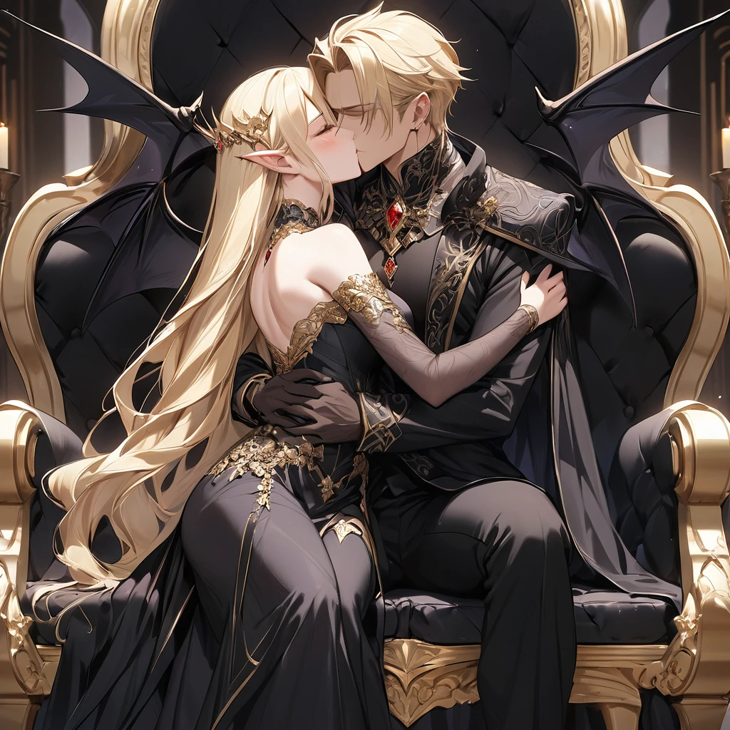 ((Best Quality)), ((masterpiece)), (detailed), （Perfect Face）、The woman was Seras Ashlain, a blonde high elf queen wearing a royal black dress with gorgeous gold embroidery and trim, adorned with gorgeous jewelry and an engagement ring.、On a large, luxurious throne, a woman is embracing a demon man, kissing him deeply and snuggling up to him. The dignified demon king and his elegant, noble queen are in love with him and follow him with all their hearts. They are a loving couple.、The devil man is a king and he embraces and loves the woman