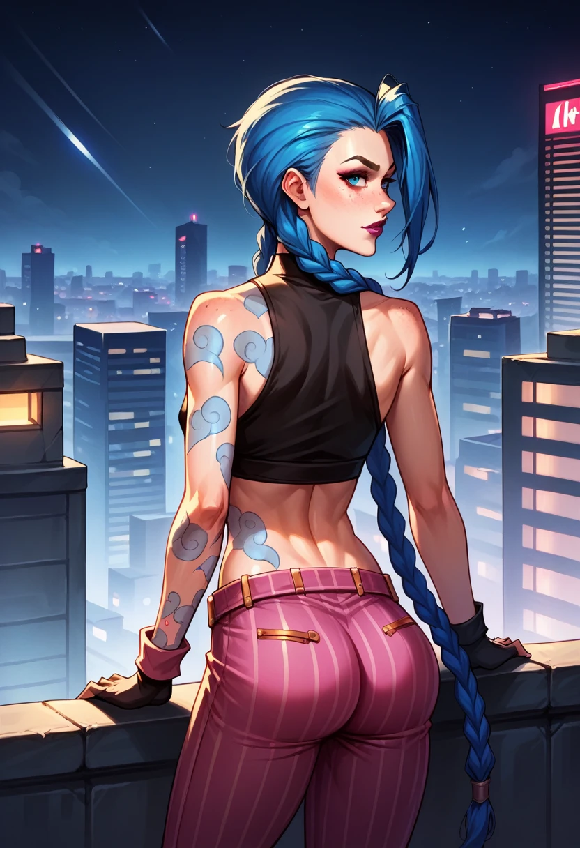 Jinx ,smile, nude , huge breasts , tongue out,detailed face, perfect body , sit down and open legs, curvy ,thicc ass, tatto righ arm , tatto cloud, background city in the night, sweat, fullbody, twin braid,