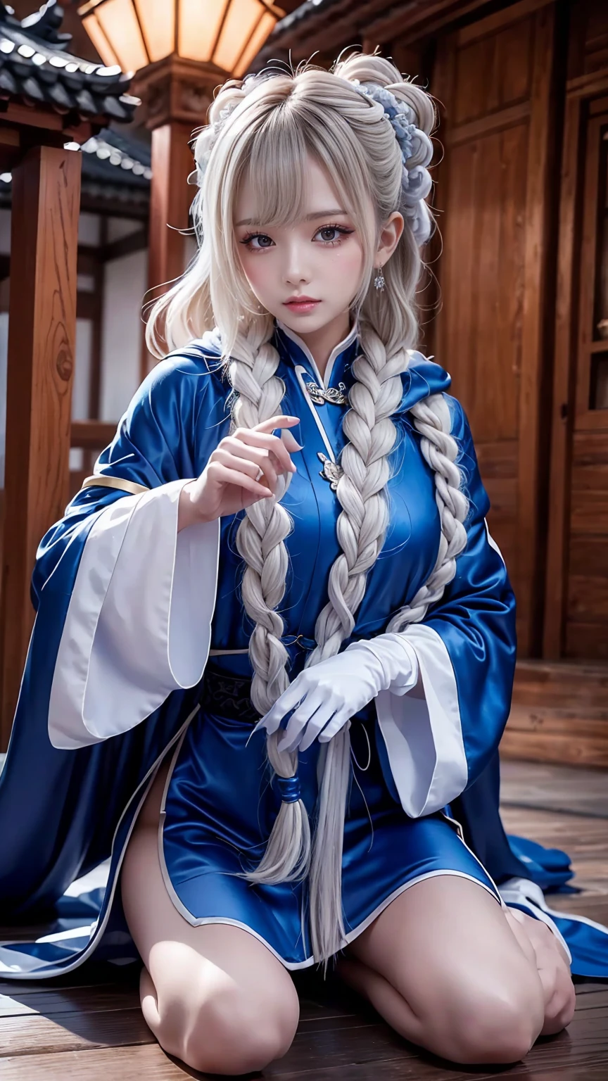 climbing a temple wall South korea women with hair styled in two braids,mystery hooded on with modern royal Blue coat with long and wide sleeves with buttons and royal Blue cape and very high white heel over the knee and white gloves, As she reveals a small secret hidden blade coming from his palm , adding to the character's mysterious and agile appearance, with small movements of air on the cape,, in summer at night under the rain,medieval south korea house. sophisticated and highly detailed, ultra hd, realistic, hyper detailed, enhanced colours, ultra sharp focus, with vibrant, rich in details High quality, gorgeous, captivating, 8k, super detailed, stunning shadows, detailed lines,