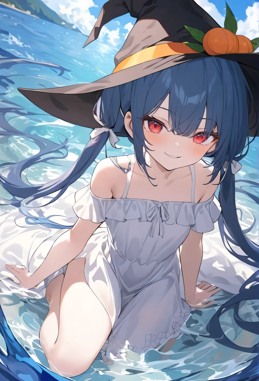 Sex life, Nudity, Long blue hair, Two-dimensional, gentle, Blushing, witch, White