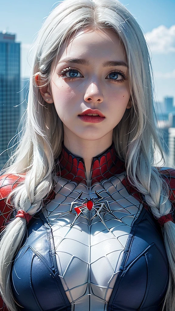 ((Beautiful Face:1.2)),((realistic:1.2)),(masterpiece, 4K resolution, Ultra-realistic, Very detailed), (White costume superhero theme, Charisma, Girl on top of the city,(( white spiderman costume:1.0)),Wearing, (Super Heroine), [((2), (Long white hair:1.2), whole body, (blue eyes:1.2), (Spiderman&#39;s Dynamic Pose) ((shortage々New urban environment):0.8)| (Cityscape, at night, Dynamic Light), (full moon))]