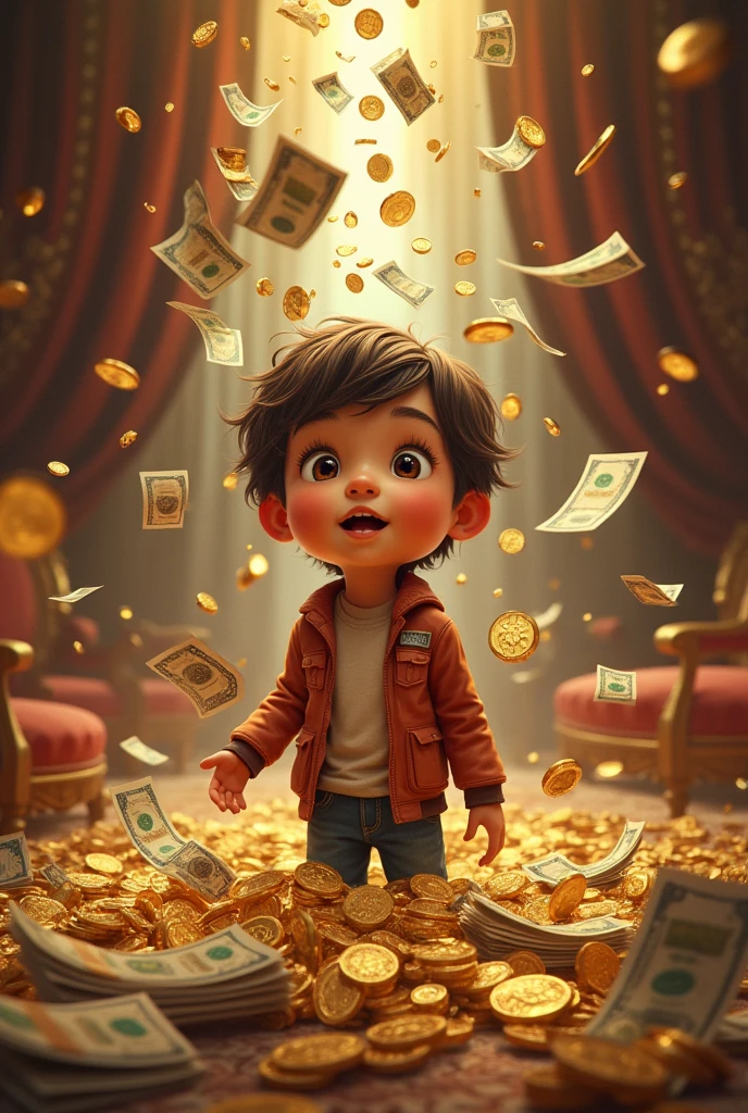 A boy seat in money 