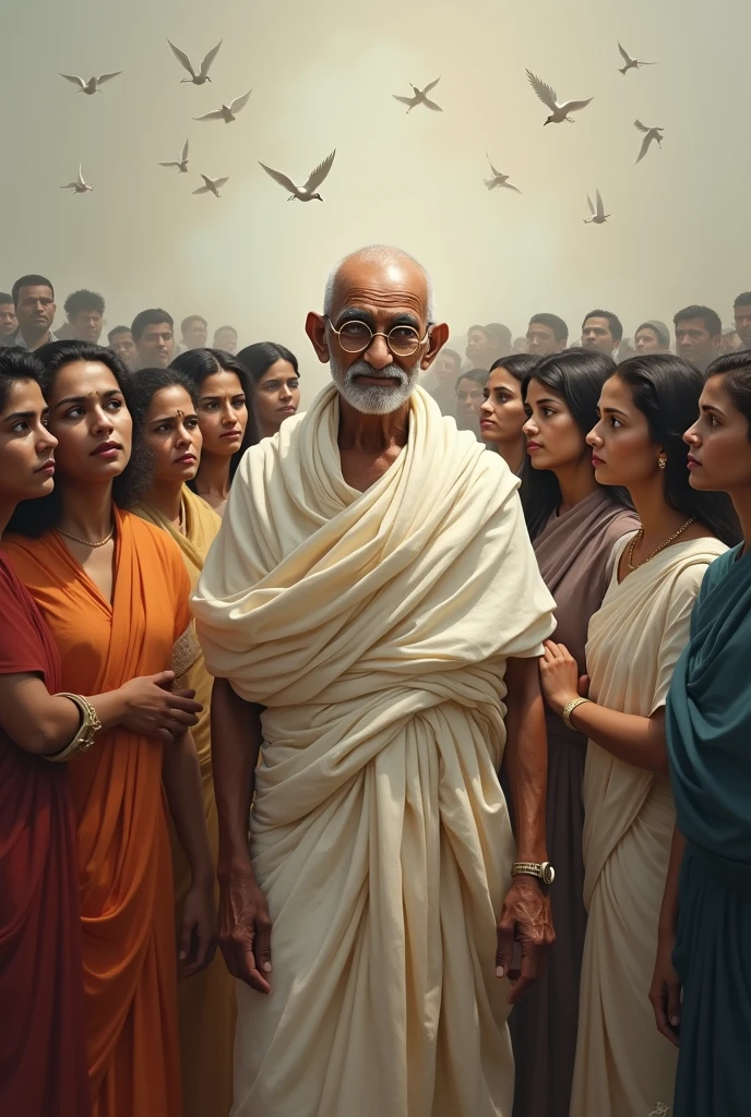 Mahatma Gandhi surrounded by many beautiful naked women