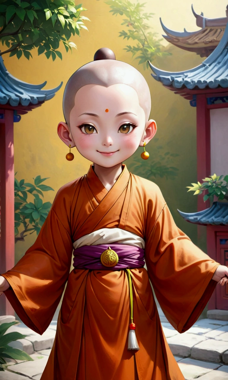 A Chinese，Dress up as a Buddhist monk，Round Face，With a smile on your face，Upper body photos，Childlike style