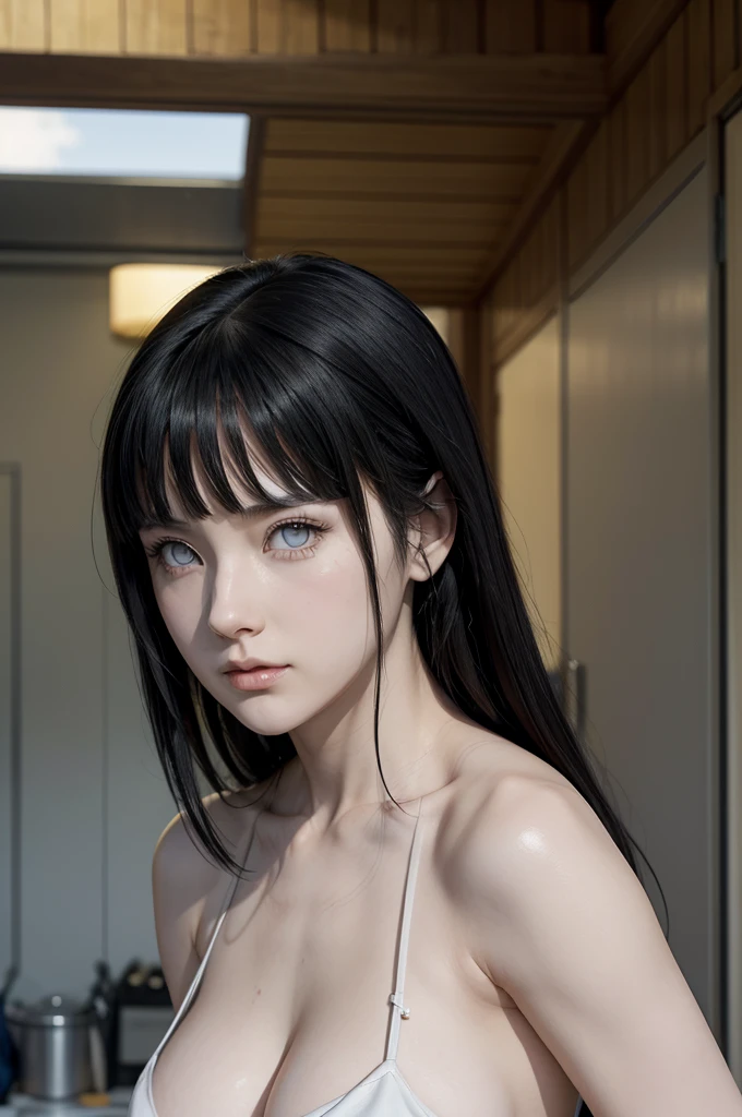 Hanabi from naruto, realistic, age 28, white skin, white pupils, black long bangs, long hair between eyes, perfect face, perfect shape body, huge breasts, 3d, posing to viewe, high detailed art