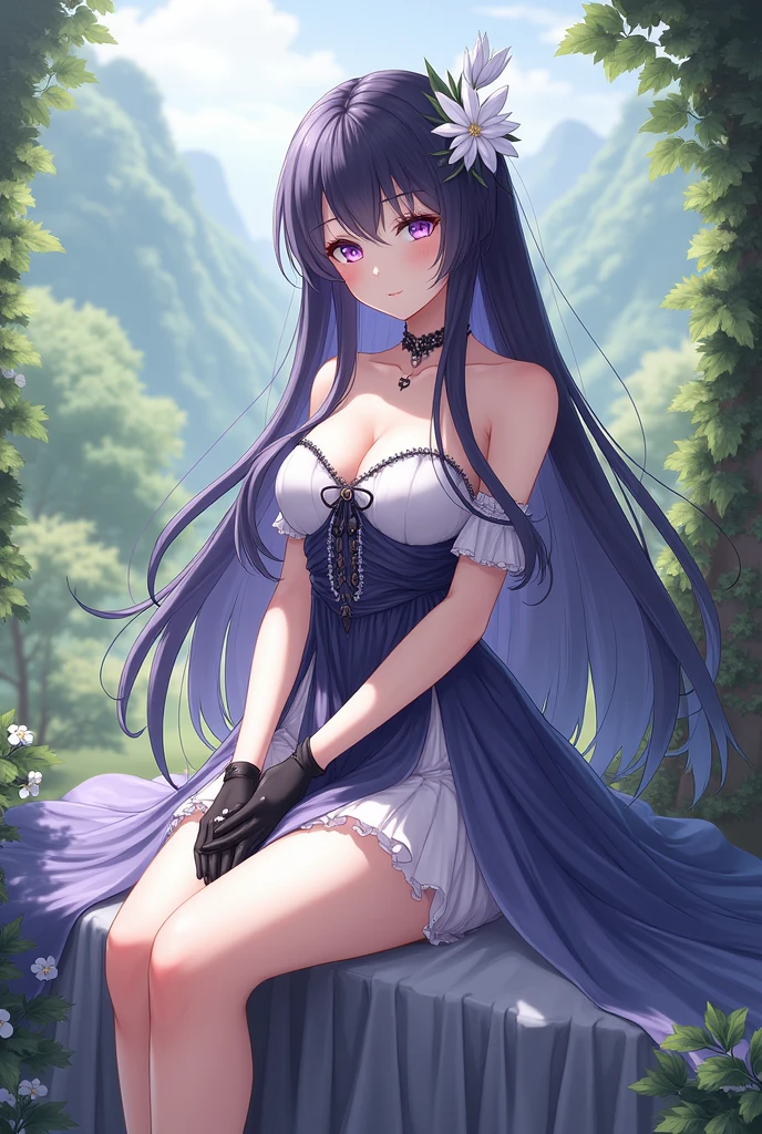 (masterpiece), best quality, expressive eyes, perfect face, long purple hair , blue eyes,big breasts ,graceful, charming ,(black wedding dress), (stand or sit in a garden of colored flowers ), (smiles mischievously),pink skin