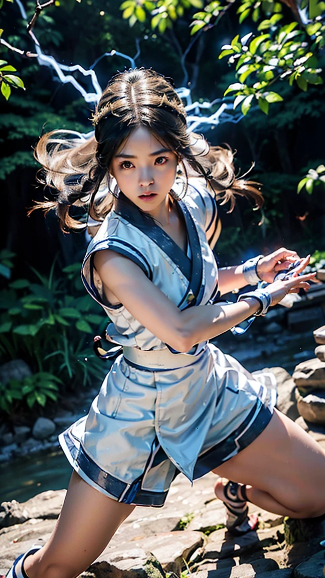 (Ultra HD, Highest quality, High resolution, Surreal, so beautiful), 24000dpi, Beautiful woman, high school girl, Long Tail, head band, Well-formed eyes, greatest visual acuity, 18-year-old, Fascinating, Totally American, Perfect body, Physical Beauty, ((Japanese Sailor Suit:1.3, Seraphim, Japanese style mini skirt)), (((all, electric japanese knife, Ancient Scabbard))), (Blue Lightning), Charge Move, ((Special Move Position)), All-in-one, Absurd, (((Anatomically correct))), whole body