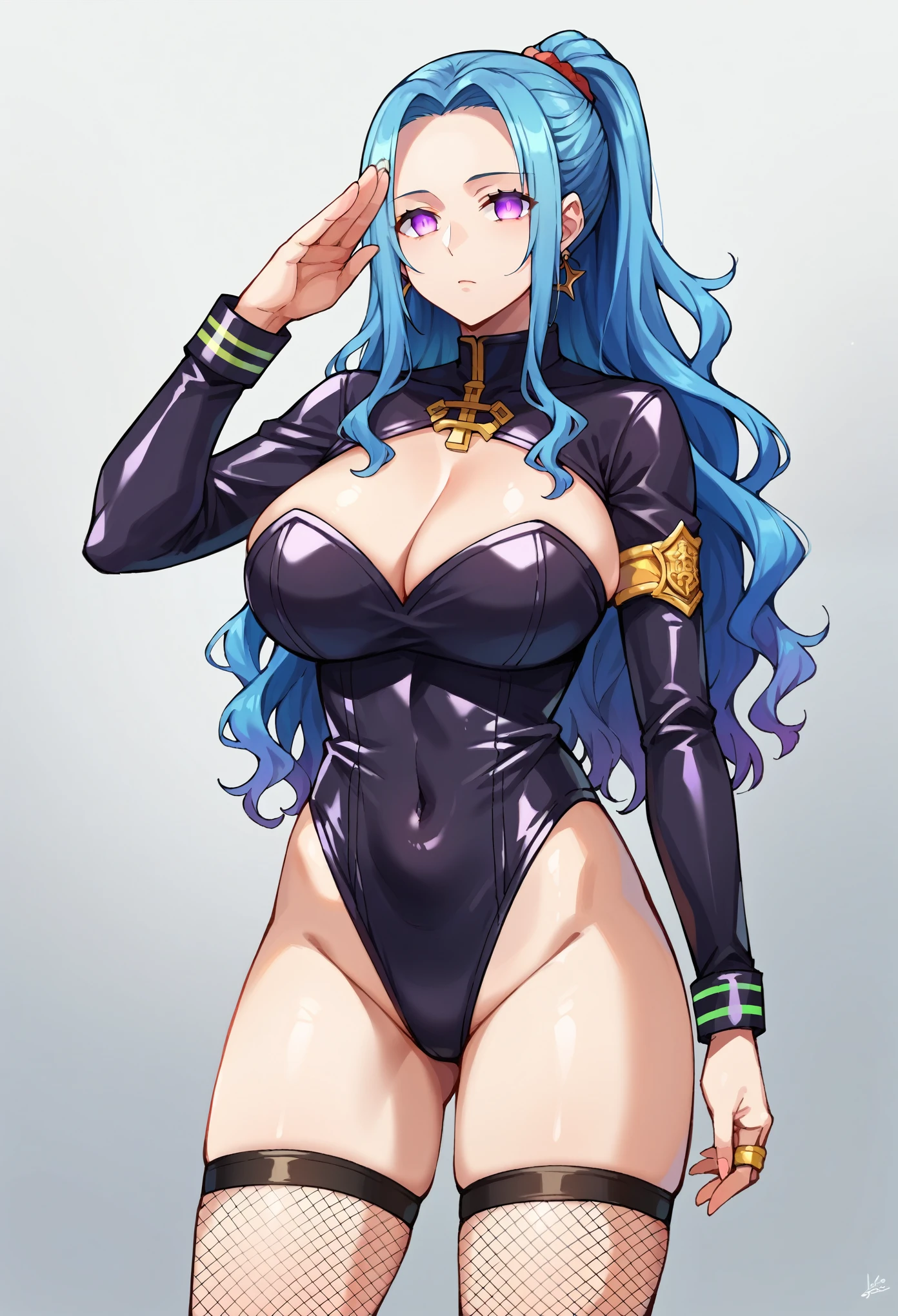 score_9, score_8_up, score_7_up, score_6_up, score_5_up, score_4_up, BREAK source_anime,standing, salute, you live, blue hair, long hair, side locks, ponytail, wavy hair, forehead, Purple Eyes,(glowing eyes), Huge breasts, empty eyes,Expressionless, Black latex high leg suit, Fishnet stockings