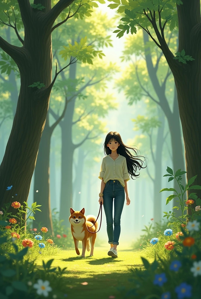Woman with middle ponytail and white lacce ribbon as holder depictured from back walks dog on leash in nature
