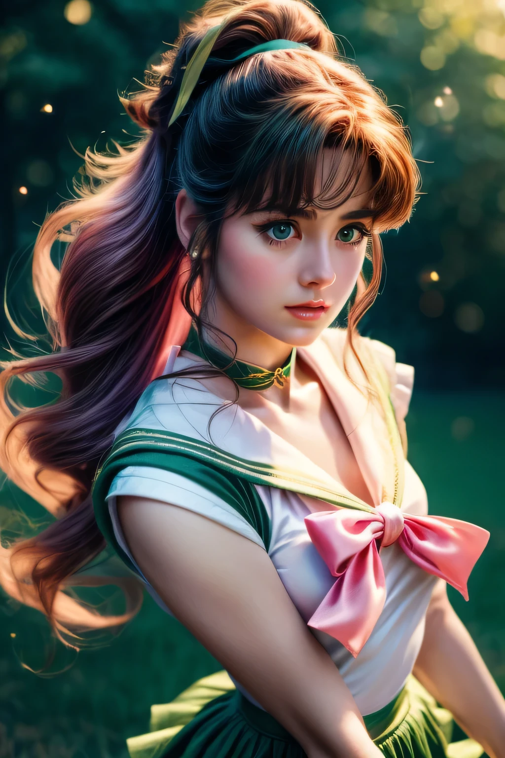 sailor jupiter, realistic, beautiful detailed eyes, beautiful detailed lips, extremely detailed face and eyes, long eyelashes, sailor jupiter green outfit, green skirt, pink ribbon, white top, high ponytail with full bangs hair, cinematic lighting, vibrant colors, dramatic pose, intricate costume details, dynamic action, photorealistic, (best quality,4k,8k,highres,masterpiece:1.2),ultra-detailed,(realistic,photorealistic,photo-realistic:1.37), 1980 dark fantasy movie