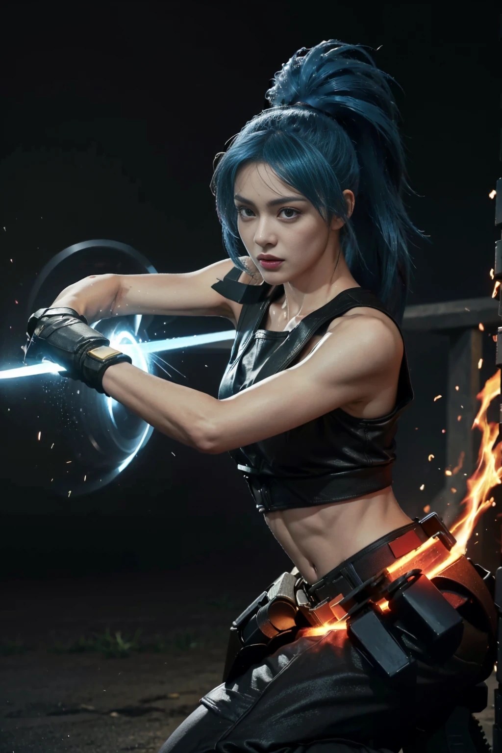 Leona Heidern, the iconic character from the King of Fighters series, in a dramatic and dynamic pose. Her long, spiky ponytail of blue hair is undergoing a fiery transformation, transitioning to a vibrant red as it sweeps over her shoulder, reflecting an intense red glow. In her hand, she wields an ethereal, red-blazed energy sword that seems to emanate from her fingertips. Her gaze is sharp and unyielding, filled with the determination of a seasoned warrior. The ultra-detailed digital art masterpiece boasts a resolution of 8k, allowing for every strand of hair and intricate line on her battle-ready face to be captured with breathtaking clarity. Her facial features are rendered with stunning realism, showcasing her high cheekbones, defined jawline, and a look of concentration that adds depth to her beauty. Her eyes sparkle with a fierce light, while her beautifully shaped lips are slightly parted, hinting at the power she is about to unleash. The cinematic lighting casts dramatic shadows across her face, highlighting the contours of her nose and the arch of her eyebrows, while the vibrant colors of her outfit and surroundings pop against the darkened battleground. The scene is imbued with an electrifying energy that makes the moment feel both frozen in time and on the cusp of explosive action. This concept art piece captures the essence of Leona's strength and beauty in a way that is both realistic and fantastical, drawing the viewer into the intense world of high-stakes combat.