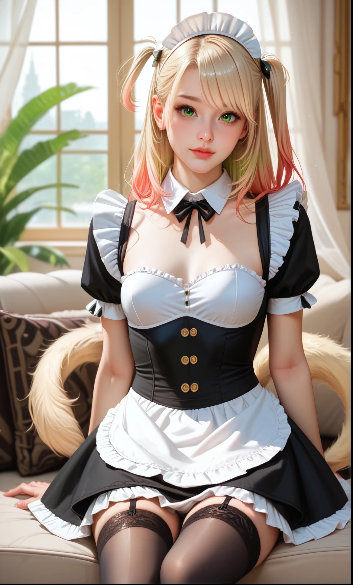 score_9, score_8_up, score_7_up, (best quality, masterpiece:1.2), detailed face (1 girl:1.3), (solo:1.3), (colored hair:1.3), fancy hair, (side up twin tail:1.3), (beautiful green eyes:1.2), (small breasts:1), (small body:1.4) waiza, sitting, arms behind, indoors (maid outfit, maid cosplay:1.3), black thigh highs, nsfw,