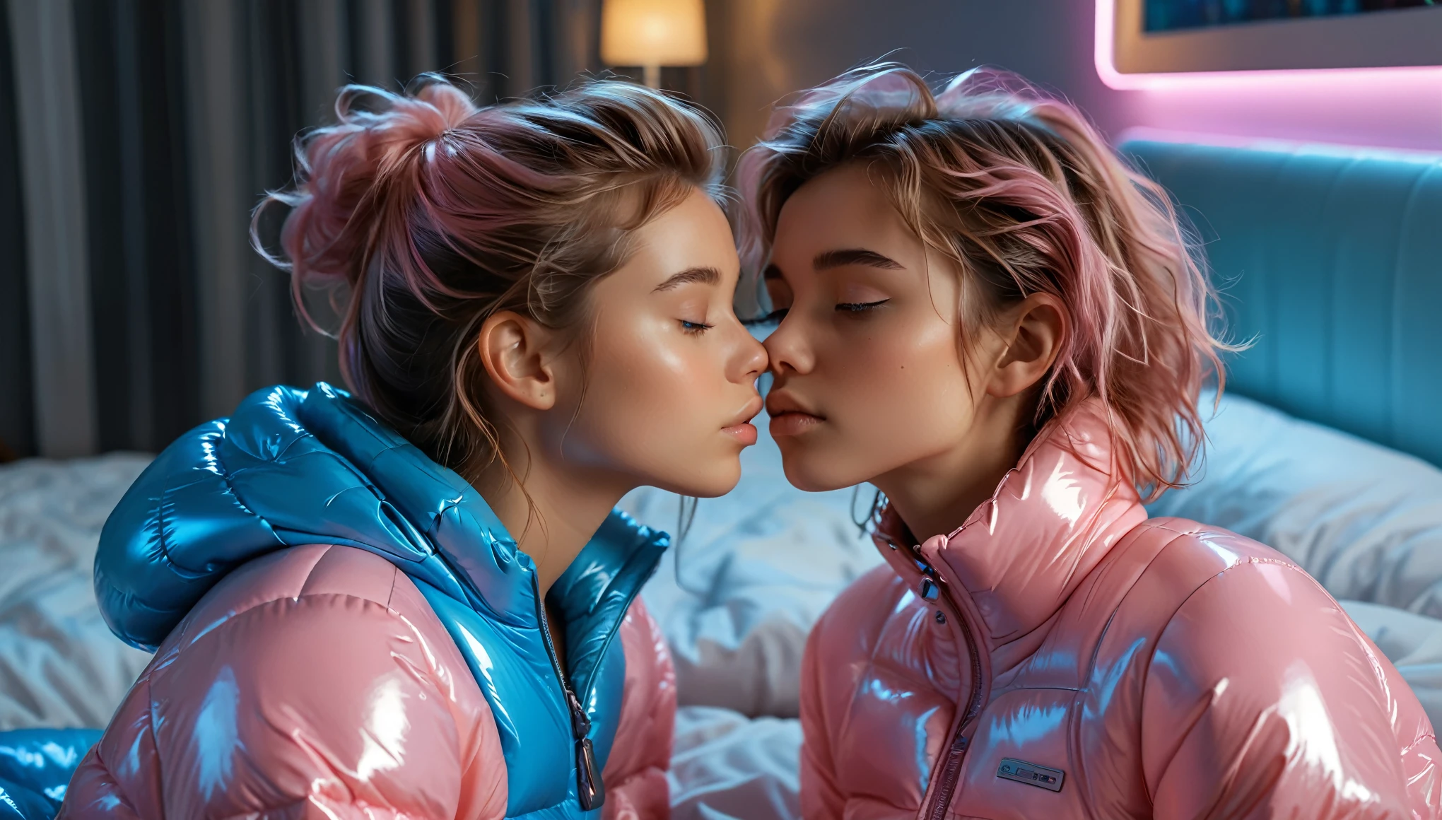 Top Quality, Masterpiece, High Resolution, 8k, ((2 cute barely legal girls kissing each other  in a wide open light pink blue shiny puffer with plunging neckline, short sleeves, wide neckline, deep neckline, small perky breasts, extremely detailed face, detailed slightly open eyes, beautiful detailed lips, random hair style, small hips)), in a spaceship, on bed, intricate details, at night with ambient lighting, backlit, random neon color, full body shot, view from distance, random pose