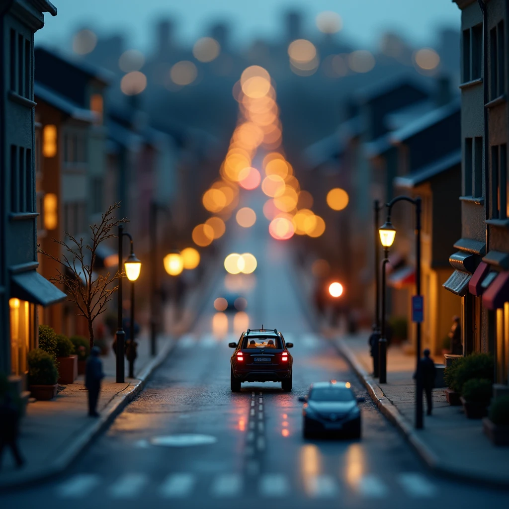 A highly detailed miniature cityscape at dusk, with tiny glowing ...