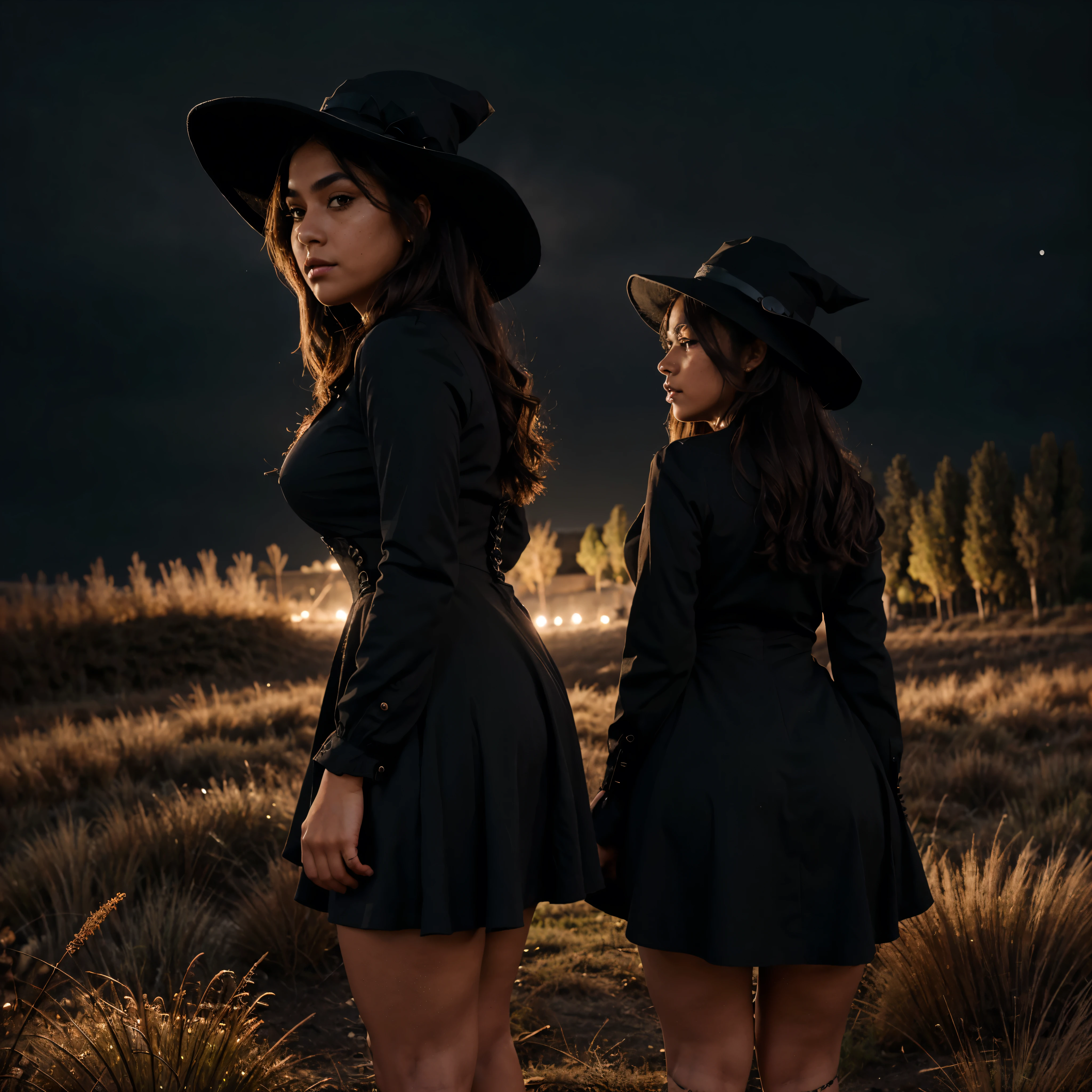 A group of very sexy witches in black mini skirts, cleavage showing, casting a spell on a man over a cauldron under a full moon, from behind