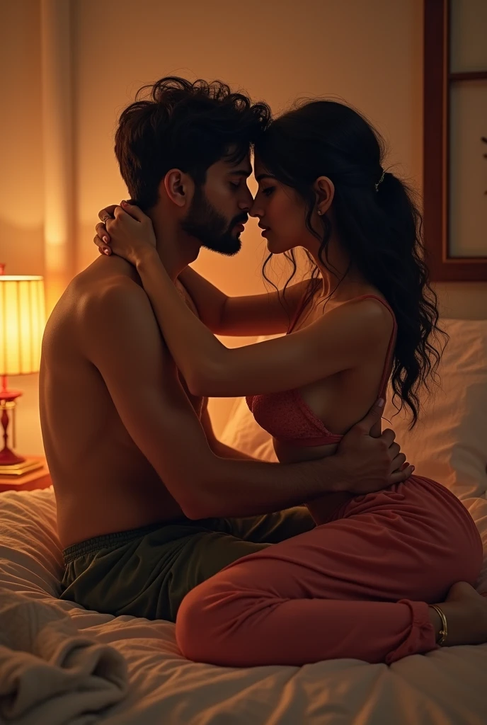 Create a image of a 25 year indian girl with long black silky hair and high ponytail style sitting on thr bed her boyfriend is kissing her neck from back