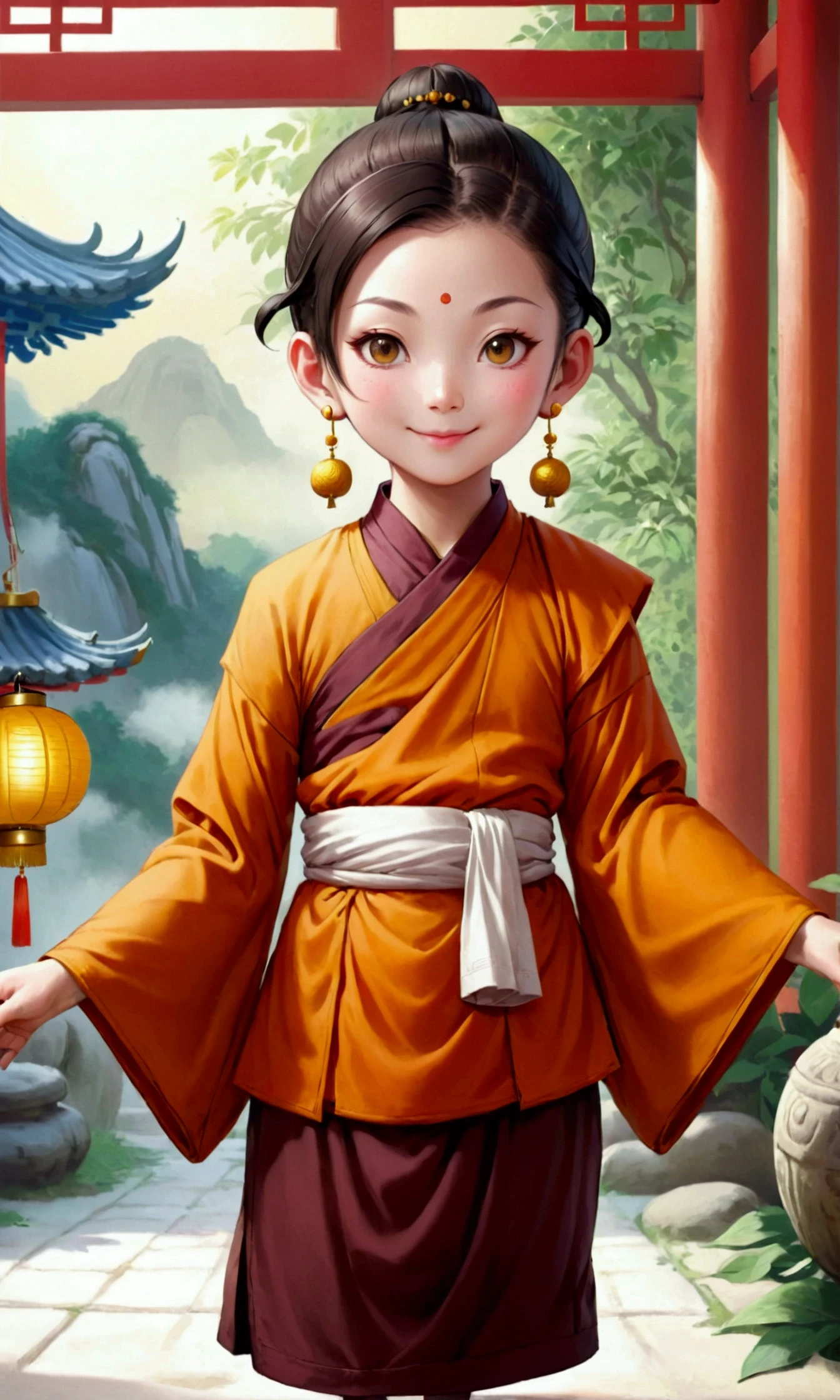 A Chinese，Dress up as a Buddhist monk，Round Face，With a smile on your face，Upper body photos，Childlike style