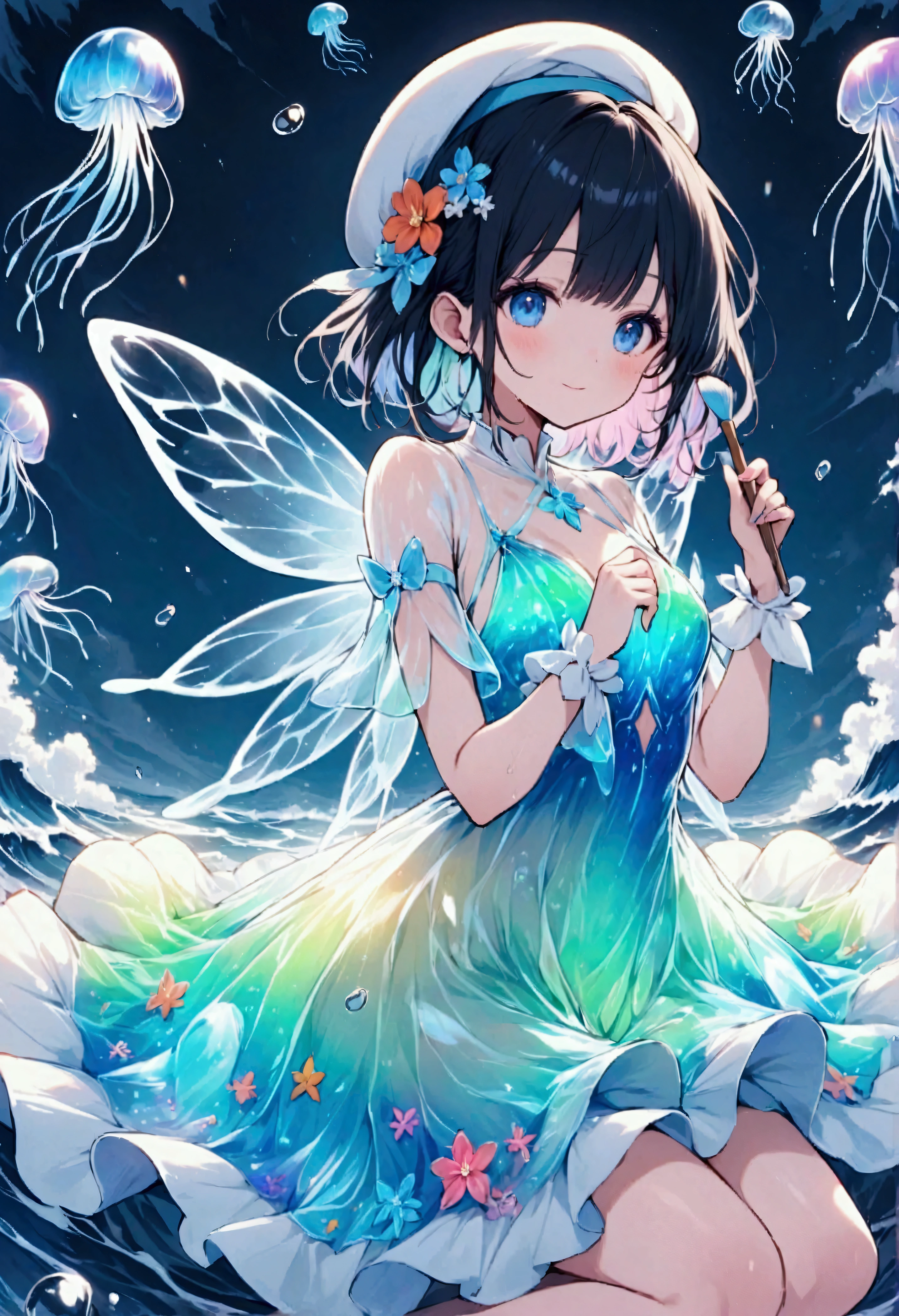 A small sea fairy with a transparent blue body resembling a water droplet, delicate jellyfish-like wings on its back, and a stylish artist's beret on its head. The fairy is holding a paintbrush in its hand, flying through the air, and using the waves and wind of the sea to paint. Surrounded by soft sea foam and gentle breezes, the character radiates creativity and joy. The atmosphere is whimsical and artistic, with warm, friendly expressions that emphasize the fairy's role as a cheerful and imaginative mascot. The scene captures a light and playful mood, with a focus on the fairy's beret and artistic tools.,Anatomically correct,colorful,Colorful,Absurdly beautiful,Transparency,Bioluminescent Dress