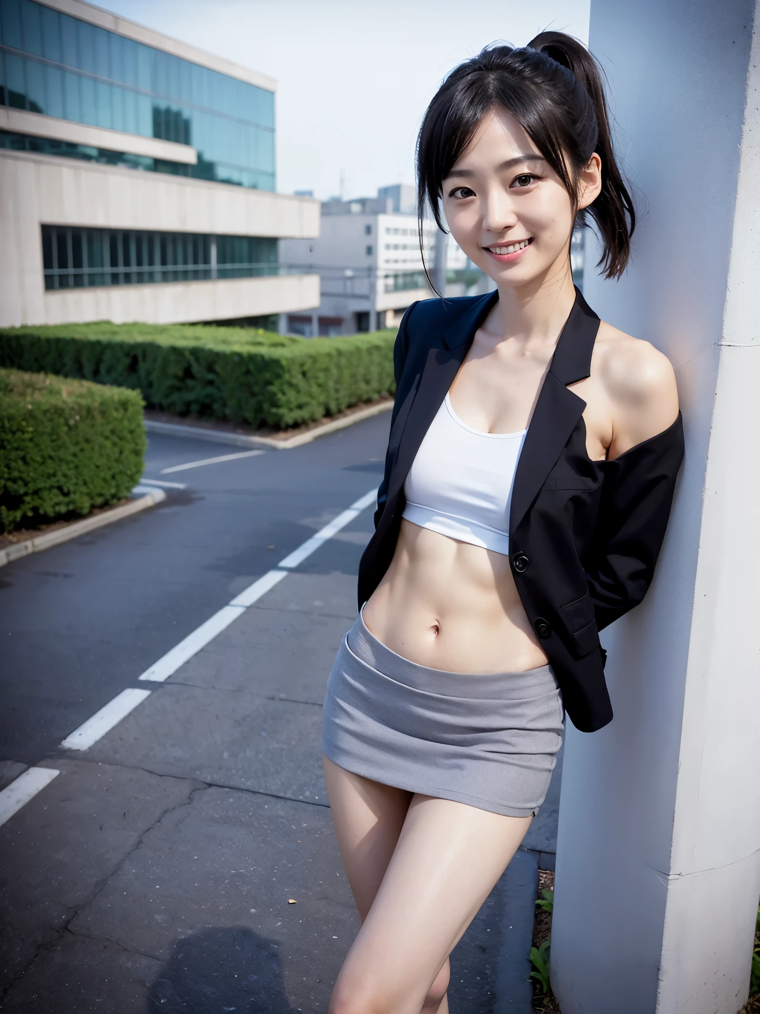 Raise your hand,(((Inside the company)))、Wearing a business jacket,Wear a shirt underneath,look at the camera with a smile、(Panties:1.5)、woman, 20-year-old, Short Hair,私のPantiesを露出させてください...、(レースのPantiesー)、(Tilt your head a little)、Detailed skin、Detailed skin、Detailed Sweat