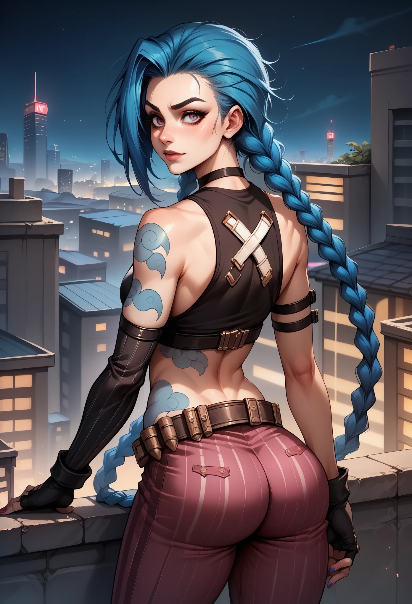 score_9, score_8_up, score_7_up, BREAK, score_9, 1girl, arcane, jinx, long hair, twin braids, bare shoulders, choker, crop top, fingerless gloves, detached sleeves, single sleeve, belt, nail polish, tattoo, bandaid on leg, pants, striped, cowboy shot, ass, looking back, from behind, standing on rooftop, night, city, city lights