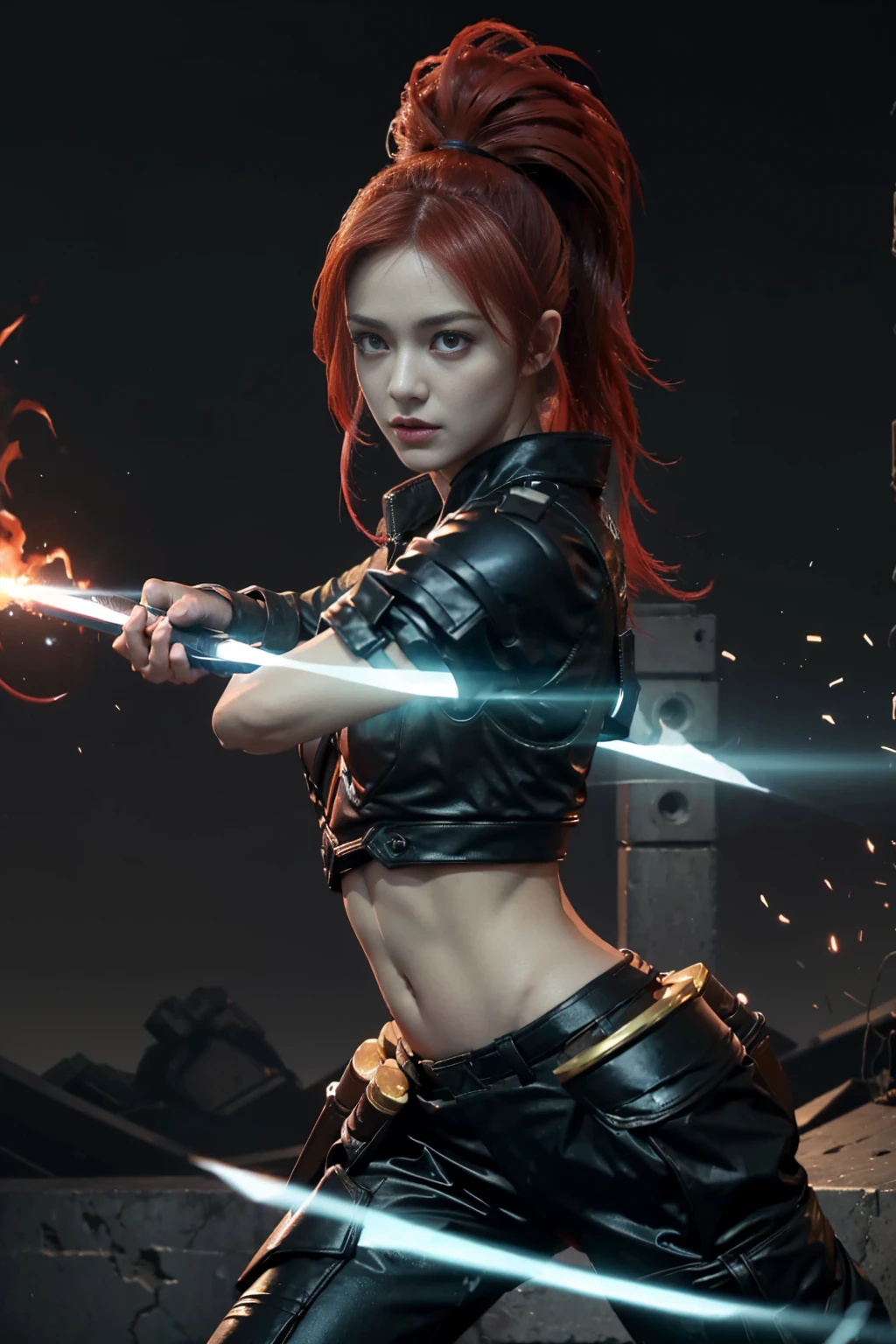 Leona Heidern, a stunningly beautiful woman with hair that transitions from an icy blue to a fiery red, styled in a sleek spiky ponytail. Her intense gaze pierces through the screen, capturing the viewer's attention as if she's about to leap into the fray. In a dramatic action scene, she wields a red glowing energy sword with fingers that seem to fuse seamlessly with the weapon. Her detailed facial features are brought to life with an ultra-realistic, photorealistic touch; her eyes sparkle with determination, and her full, beautiful lips are slightly parted, revealing a hint of the passion that fuels her. The lighting is cinematic and intense, casting sharp shadows and highlights that accentuate her strong cheekbones and chiseled jawline. The scene is bathed in a vibrant, dynamic palette that complements the fiery essence of her hair and weapon. Leona's attire is a masterful blend of futuristic armor and flowing garments that enhance her agile and powerful form. The digital art masterpiece, rendered in high resolution (1.2), captures the very essence of her character with such clarity and depth, it could easily be a still from an epic cinematic adventure. Her stance is poised yet ready for battle, and the refined hand and digitally-perfected finger placements on the hilt of the sword suggest she is a highly skilled and deadly warrior. The background is a blur of motion, hinting at the chaos she is about to cut through, while the foreground is sharp and detailed, keeping the focus on this iconic character from the King of Fighters universe. This captivating concept art is so lifelike, it's as if you can feel the energy of her next strike resonating through the very pixels, open palm energy red sword 