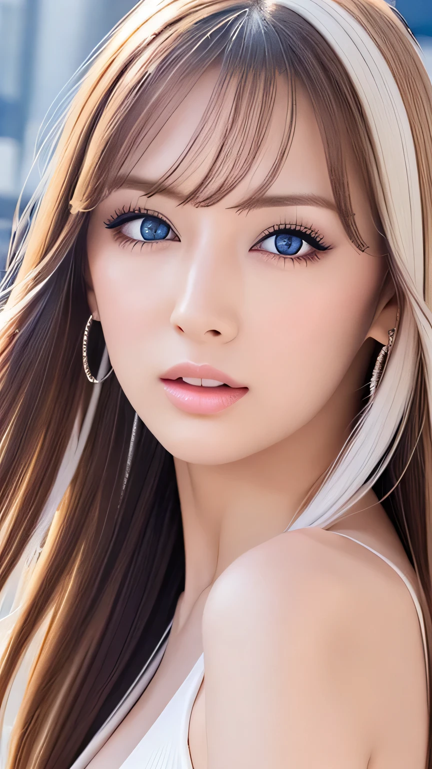 Beauty, Mystical Eyes、Big 、Super sexy、Pale skin、Shiny Hair、Super long hair、Loose and fluffy perm、Close to blonde、Are fat、fat、smile、Heavy makeup、Pink lipstick、Thick lipoisturized lips、Plump、Voluptuous、Indian、spring、Blue sky、White cloud、looking at the camera、Has bangs、Bangs fall on the forehead、Heavy makeup、Heavy makeup、The face is dark、Exotic Face
