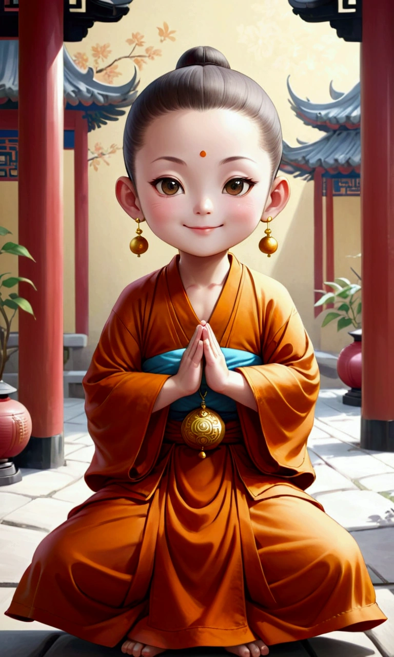 A Chinese，Dress up as a Buddhist monk，Round Face，With a smile on your face，Upper body photos，Childlike style