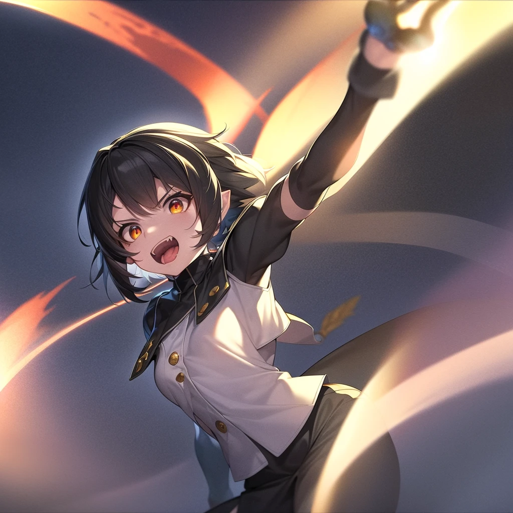 1 , short stature, medium breasts, short hair, fringe, black hair, Hair with two high braids, best quality, HD model, Ultra HD, bat ears, open mouth, Heterocromia, Teeth fangs, star shaped pupils, evil smile, Long tongue, graphic, simple background, Rays of divine light, image fill, 3D Rendering, anime, Anime style, character design, pele morena, arranhoes, white spots and symbols on the body, black clothes with white details 