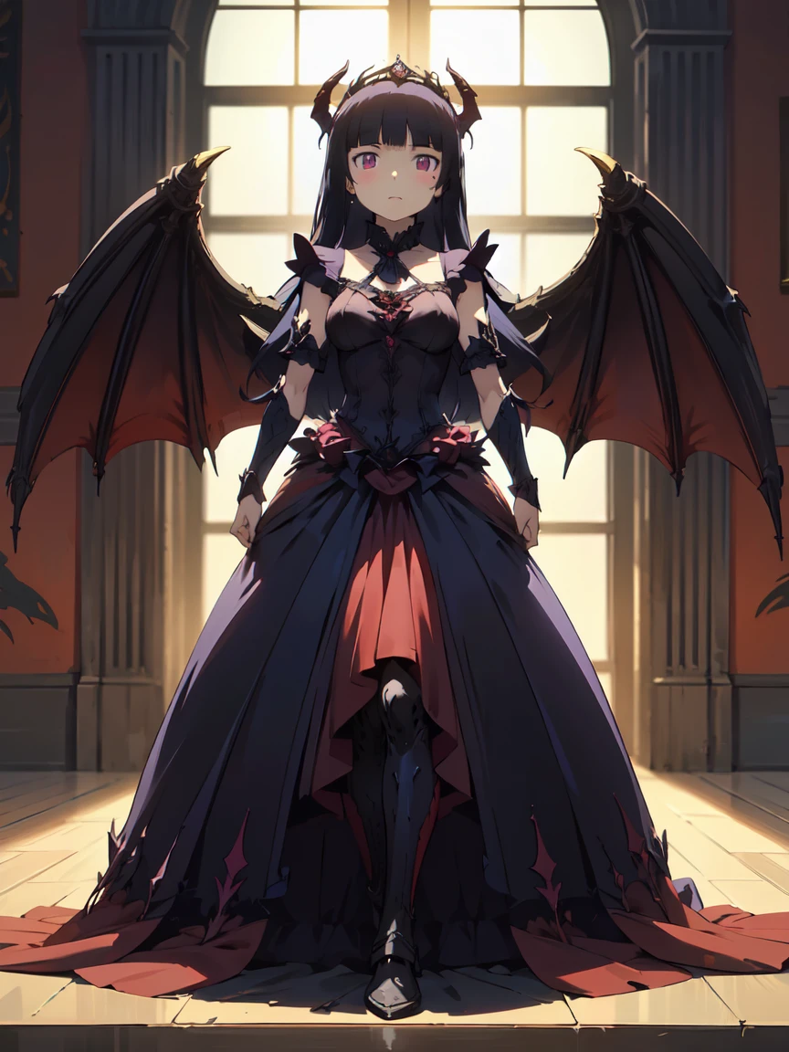 ruri gokou、masterpiece, high quality, Long Hair, Black Hair, 1 girl, (d3m0ndr3ss), long dress, dress, demon wings, Dynamic pose, Medieval Europe、Ancient City、