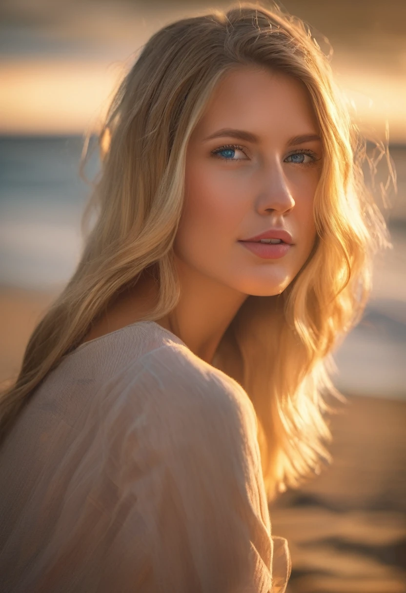 art by Cornflower, Dreamer (Beautiful delicate eye girl. The depth of field in the photo was perfect, and the lens flare added a nice touch. The meticulous facial features on her face are really prominent, And the score of this photo is definitely higher than 10 points. in the background, There is a beautiful ocean，The sea is crystal clear，There are water droplets on the surface of the water. It's a stunning photo，Really captured the beauty of the girl),Precise iris depiction,Look at the audience with calm and goddess-like happiness,The upper part of the body，Yellow starfish，White shells，White conch，Daughter of the sea