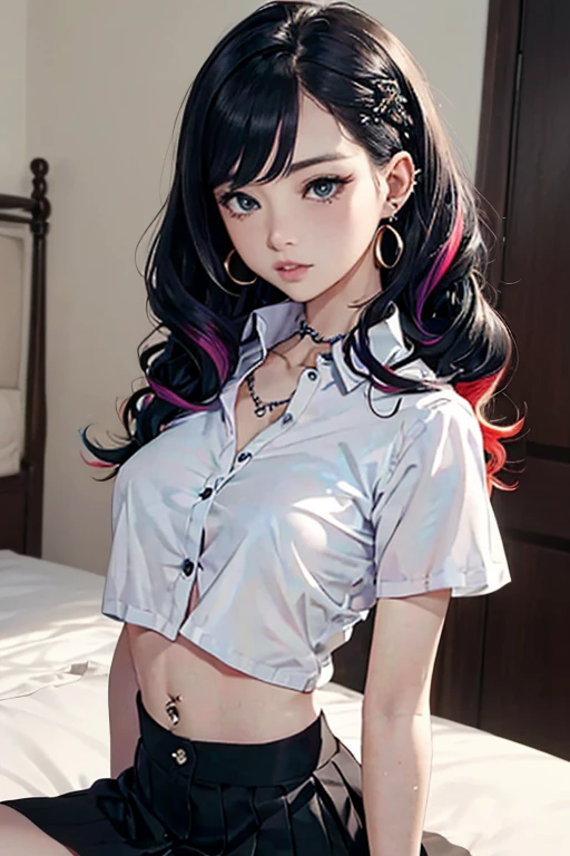 Top quality, RAW Photo, Highest Quality Image, 16K, Full body, Age 22, Realistic, Photorealistic,  Beautiful Asian woman, Sexy, body, White pale skin, ((( Multicolor Hair ))), ((( Short and wavy hairstyle ))), Modern hairstyles, Detailed face, Detailed body, Detailed skin, Double eyelids, Very Big eyes, long eyelashes, bright eyes, green eyes, natural lips, detailed lips, ((( Very Small breasts, Flat Breasts ))), posing in bedroom studio, sunny day light,  ((( wearing White Short sleeves Shirt, black short skirt ))),  ((( All Buttons are Unbuttoned ))), no bra, ((( piercings ))), ((( piercing bellybutton with jewelry )))