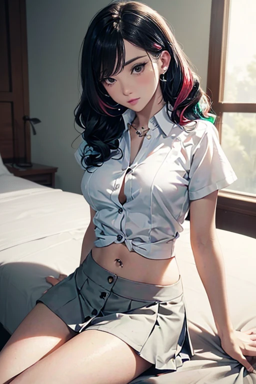 Top quality, RAW Photo, Highest Quality Image, 16K, Full body, Age 22, Realistic, Photorealistic,  Beautiful Asian woman, Sexy, body, White pale skin, ((( Multicolor Hair ))), ((( Short and wavy hairstyle ))), Modern hairstyles, Detailed face, Detailed body, Detailed skin, Double eyelids, Very Big eyes, long eyelashes, bright eyes, green eyes, natural lips, detailed lips, ((( Very Small breasts, Flat Breasts ))), posing in bedroom studio, sunny day light,  ((( wearing White Short sleeves Shirt, black short skirt ))),  ((( All Buttons are Unbuttoned ))), no bra, ((( piercings ))), ((( piercing bellybutton with jewelry )))