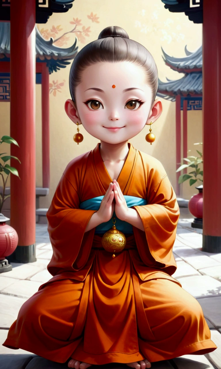 A Chinese，Dress up as a Buddhist monk，Round Face，With a smile on your face，Upper body photos，Childlike style