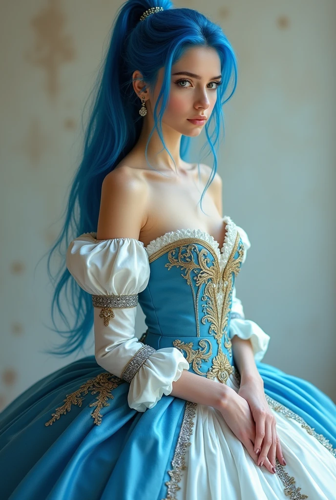 Full body of a Syrian WOMAN, light blue curly hair, various hair styles, silver French maid outfit with long sleeves and side cut skirt, big boobs, eyes happy look, looking to the side at viewer, natural skin texture, 24mm, 4k textures, bright cinematic light, RAW photo, photorealism, photorealistic, intricate, elegant, highly detailed, sharp focus, ((((((cinematic look)))), soft tones, insane details, intricate details, hyperdetailed, low contrast, soft cinematic light, bright colors, exposure mix, hdr, front side view angle, full body head to toe, hand on breast, wearing choker, thick thighs, over the knees socks