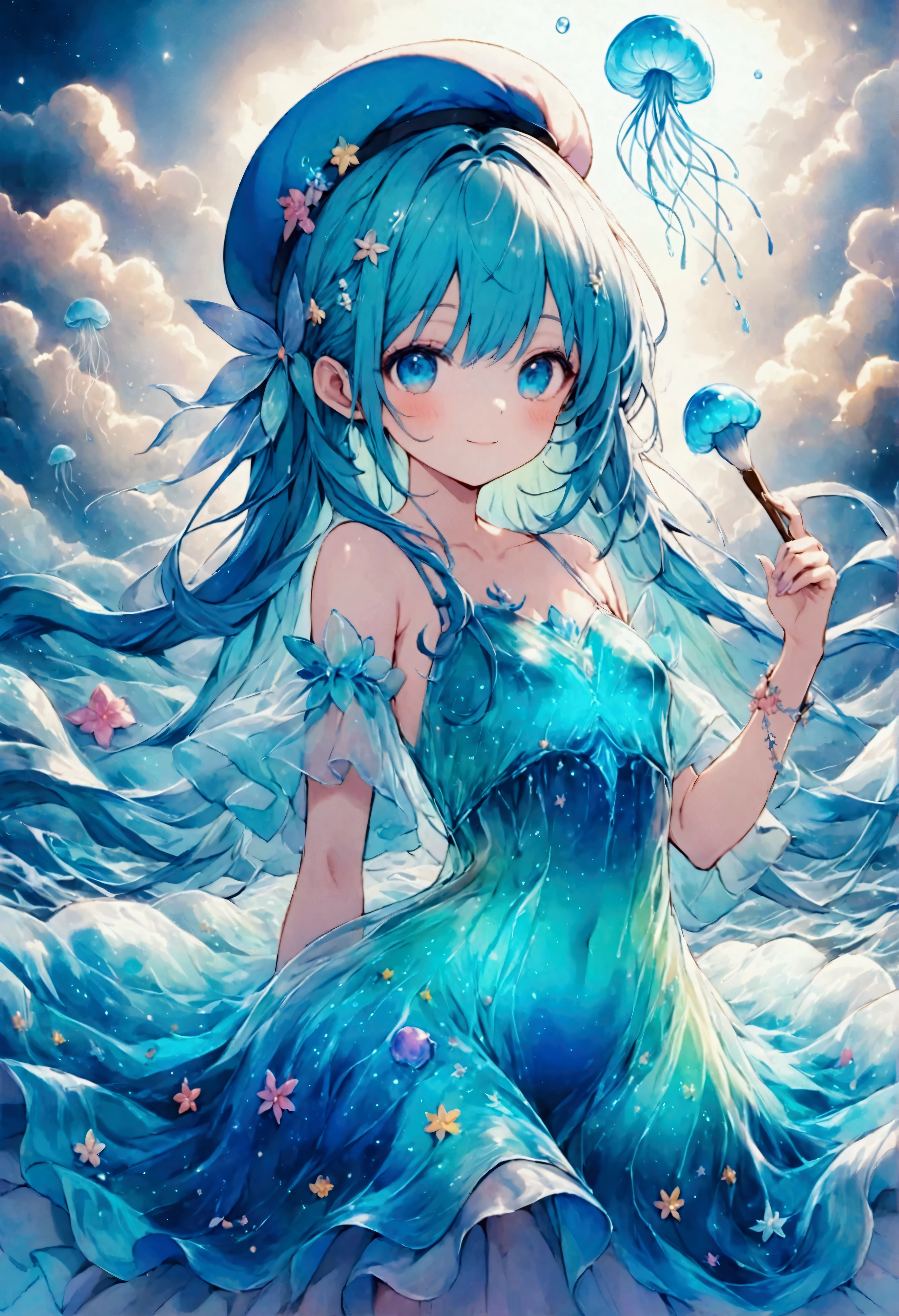 A small sea fairy with a transparent blue body resembling a water droplet, delicate jellyfish-like wings on its back, and a stylish artist's beret on its head. The fairy is holding a paintbrush in its hand, flying through the air, and using the waves and wind of the sea to paint. Surrounded by soft sea foam and gentle breezes, the character radiates creativity and joy. The atmosphere is whimsical and artistic, with warm, friendly expressions that emphasize the fairy's role as a cheerful and imaginative mascot. The scene captures a light and playful mood, with a focus on the fairy's beret and artistic tools.,Anatomically correct,colorful,colorfulな呪文を唱える,Colorful,Absurdly beautiful,Transparency,Bioluminescent Dress,Flying Jellyfish,Water Drop