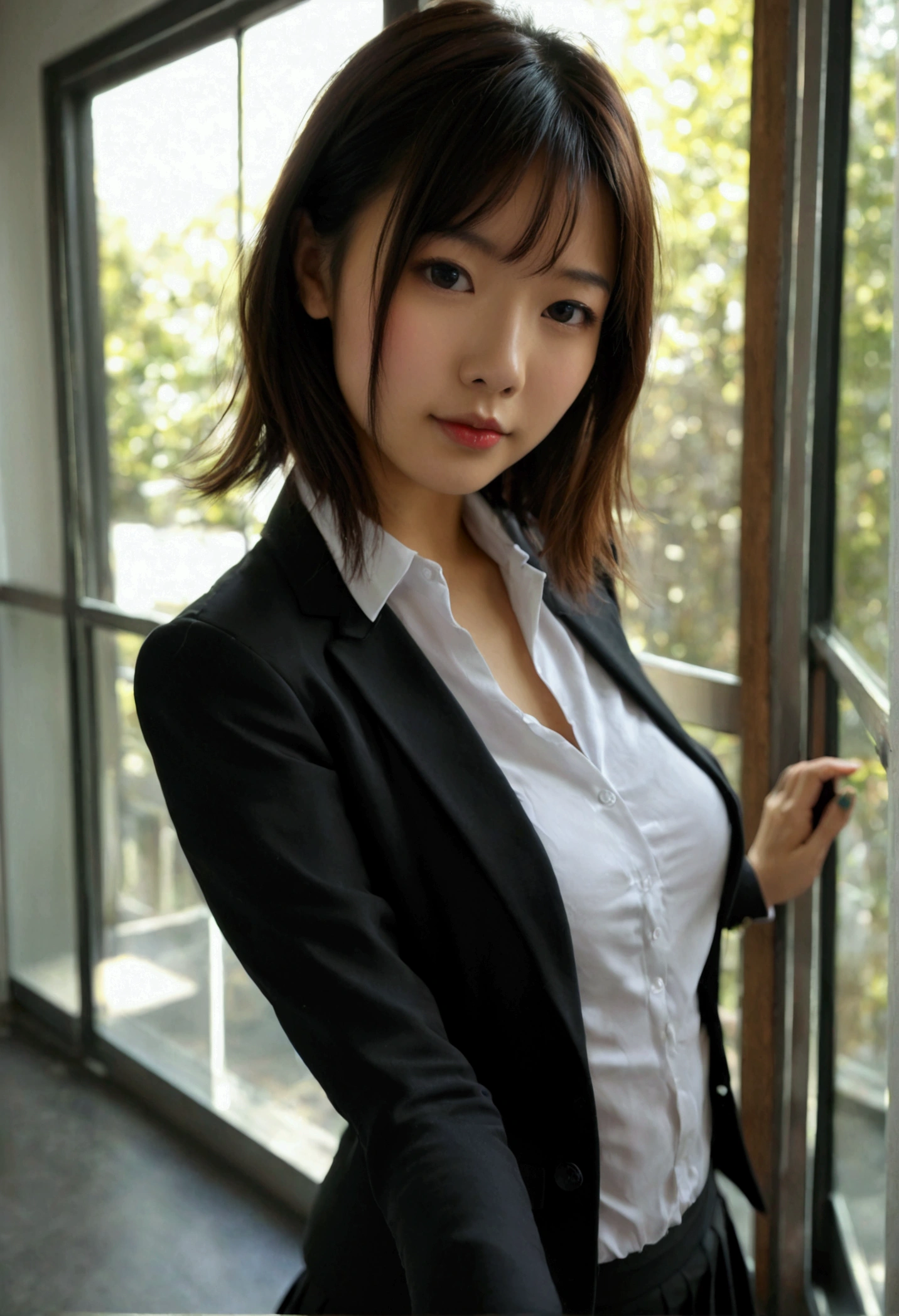 classroom、teacher、gentlemen、like a magazine、ラインが美しいエッジのteacher_woman,Wear a suit、Weaken the nipples、Courtesan with perfect edge 、color々An intense pose、Full Body Shot、20th Ayaka、NiziUAYAKA、 4K、1人のwoman、Transparent white skin、slender、 Loose, wavy styling 、Fascinating and attractive、Including the texture of the face and skin.,Detailed eyes、A seductive look