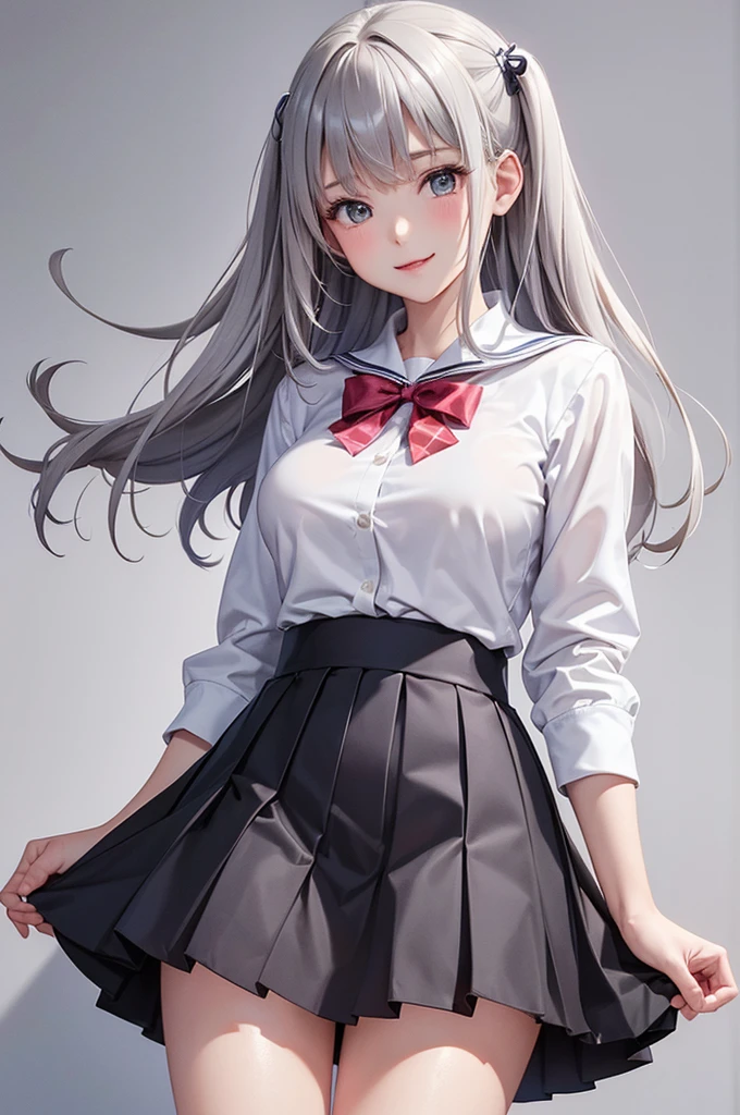 a woman wearing long sleeve shirt and red tie, dark grey circle skirt, black tights and black shoes, 17 years old, shoulder length slightly wavy hair, ((silver coloured hair)) and gleaming detailed vibrant hazel eyes, slim frame, medium breasts, long legs, beautiful face, small butt size, small feet size, small hand size, perfect hands, scary face, beautiful face, pretty face, hot woman, British woman, cream skin, small soft pink lips , small breast size, slim figure, standing pose