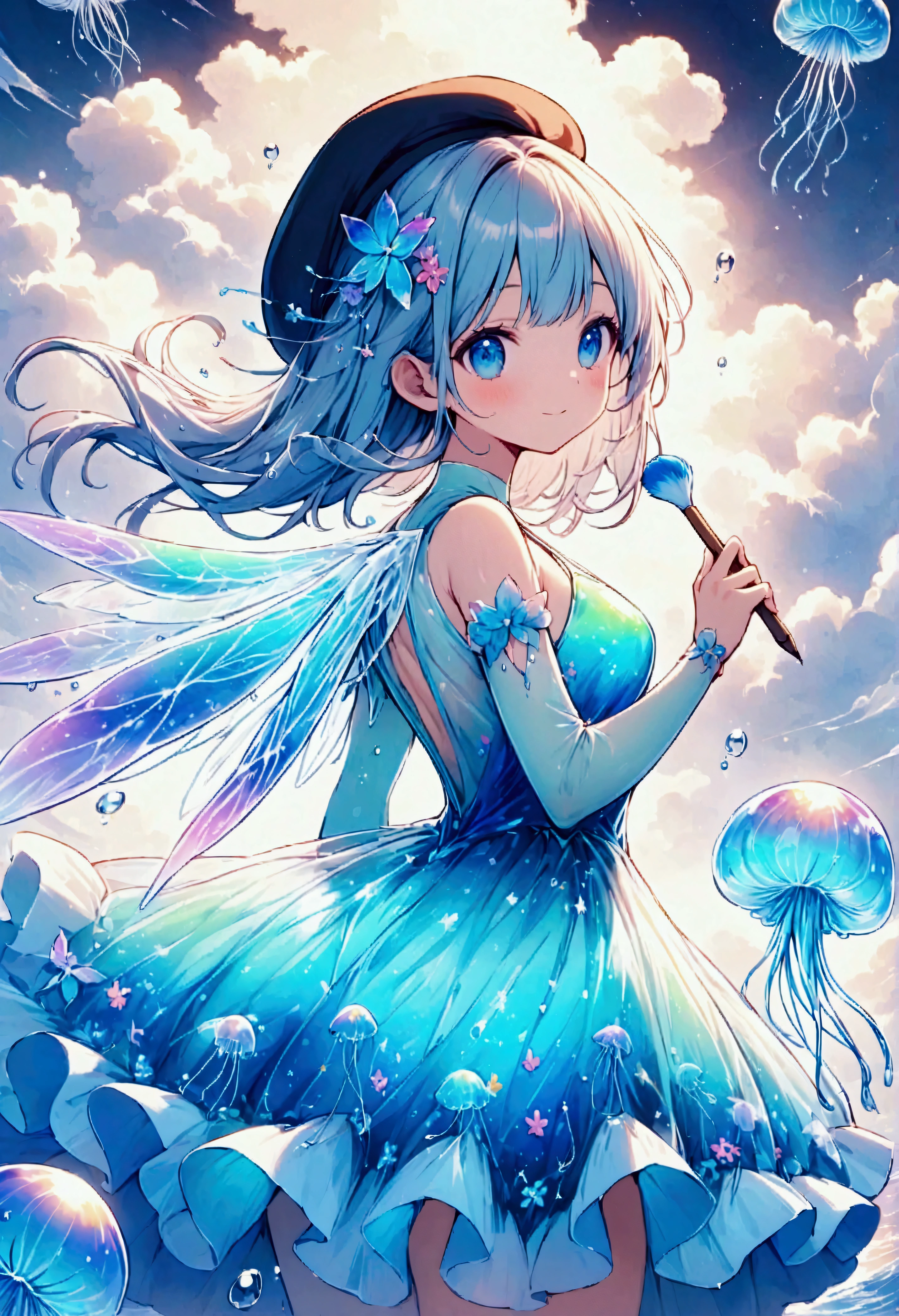 A small sea fairy with a transparent blue body resembling a water droplet, delicate jellyfish-like wings on its back, and a stylish artist's beret on its head. The fairy is holding a paintbrush in its hand, flying through the air, and using the waves and wind of the sea to paint. Surrounded by soft sea foam and gentle breezes, the character radiates creativity and joy. The atmosphere is whimsical and artistic, with warm, friendly expressions that emphasize the fairy's role as a cheerful and imaginative mascot. The scene captures a light and playful mood, with a focus on the fairy's beret and artistic tools.,Anatomically correct,colorful,Colorful,Absurdly beautiful,Transparency,Bioluminescent Dress