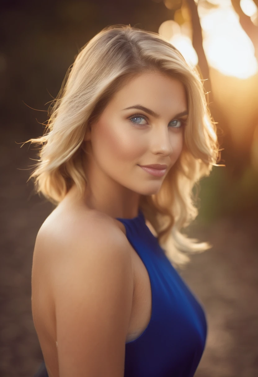 A photorealistic portrait of a 2 American girl with long, flowing blonde hair and striking blue eyes, approachable expression and be illuminated by soft, golden-hour sunlight. The background should be a scenic outdoor setting, perhaps a sunlit beach. Capture this image with a high-resolution photograph using an 85mm lens for a flattering perspective, super no clothes, super short hair, sitting her back towards the camera with legs opened, tall neck, super realistic photography, very beautiful butt,