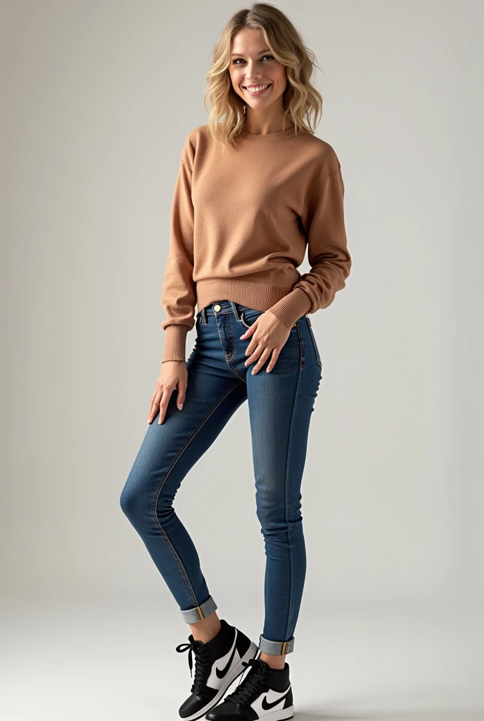 Hijab-clad woman with big breasts sexy legs wearing tight jeans and a sweater