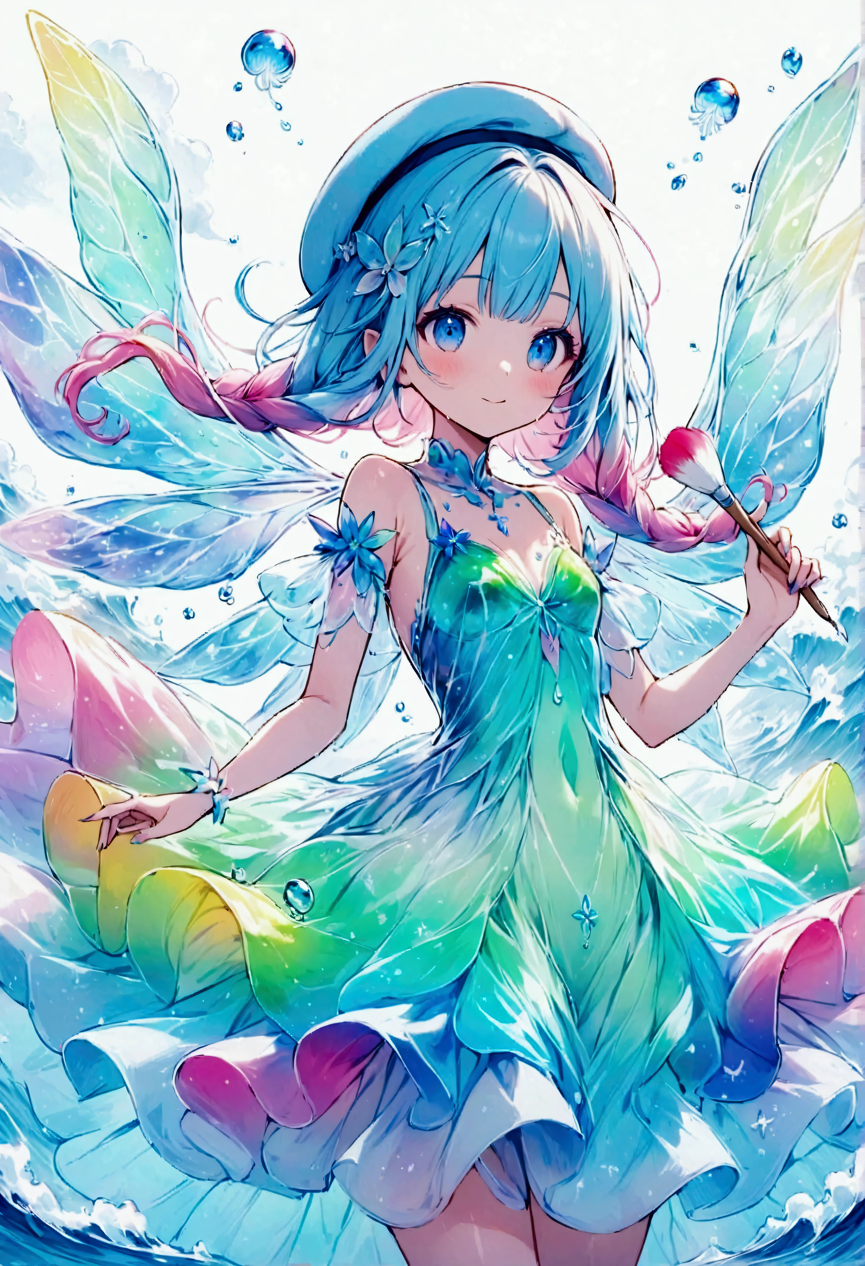 A small sea fairy with a transparent blue body resembling a water droplet, delicate jellyfish-like wings on its back, and a stylish artist's beret on its head. The fairy is holding a paintbrush in its hand, flying through the air, and using the waves and wind of the sea to paint. Surrounded by soft sea foam and gentle breezes, the character radiates creativity and joy. The atmosphere is whimsical and artistic, with warm, friendly expressions that emphasize the fairy's role as a cheerful and imaginative mascot. The scene captures a light and playful mood, with a focus on the fairy's beret and artistic tools.,Anatomically correct,colorful,Colorful,Absurdly beautiful,Transparency,Bioluminescent Dress